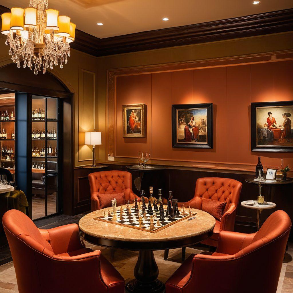 An exclusive club scene featuring elegantly dressed individuals engaged in joyful conversations, laughter, and gourmet food. The ambiance includes sophisticated decor with plush seating and dimmed lights, creating a warm and inviting atmosphere. Include hints of various hobbies like painting, chess, and wine tasting showcased around the room. Add a sense of vibrancy and energy to the image. super-realistic. warm colors. soft lighting.