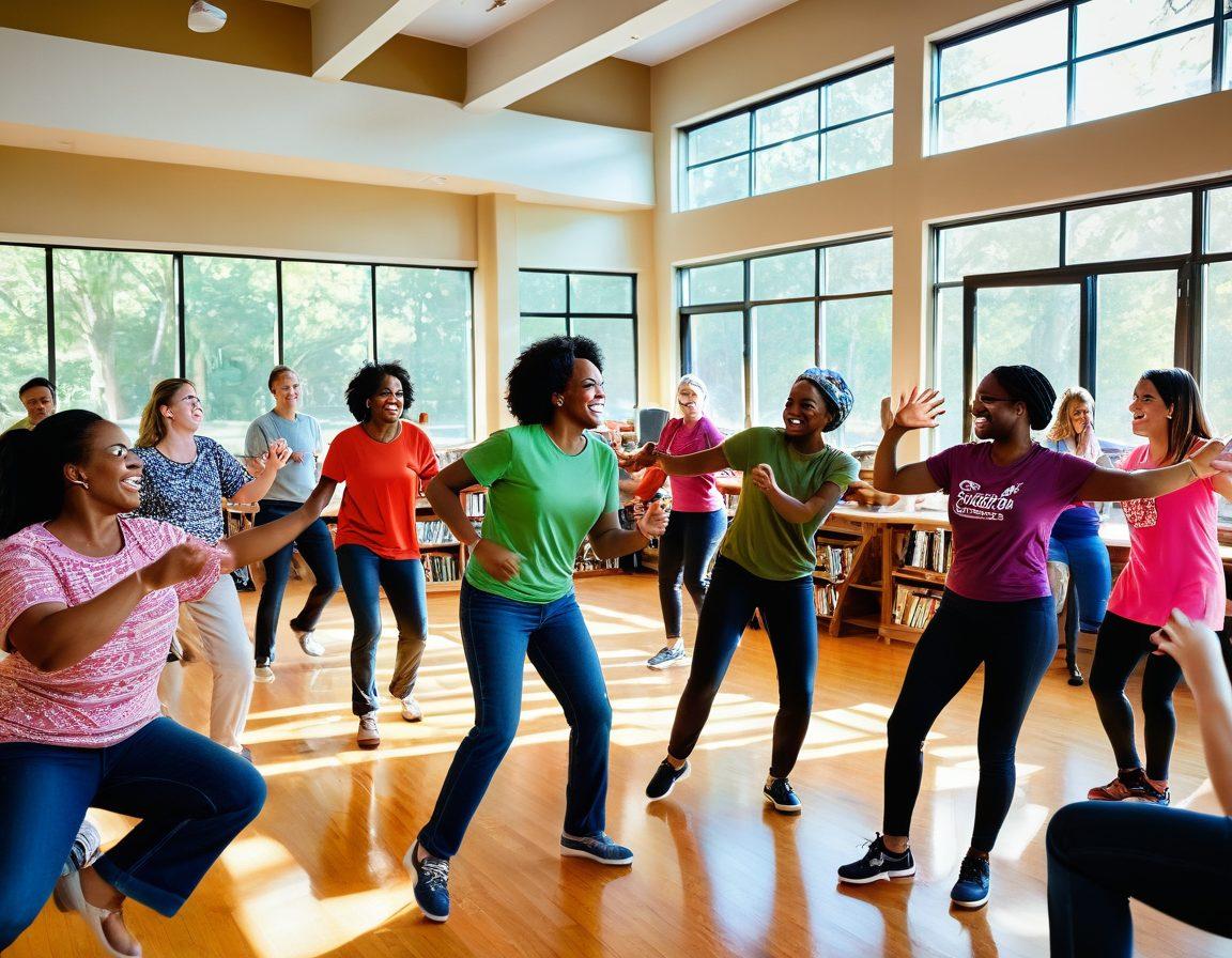 A vibrant scene of diverse friends joyfully engaging in various club activities like dancing, cooking, and playing games in a welcoming space filled with colorful decor. Showcase laughter, camaraderie, and fun, with elements representing different club themes such as a book club, hiking group, and dance class. Bright sunlight streaming through windows, creating an inviting atmosphere. super-realistic. vibrant colors. soft focus.