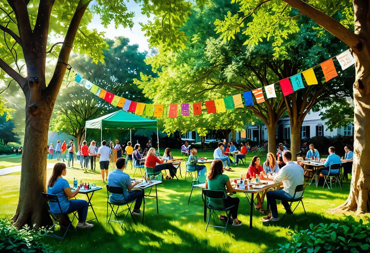 A vibrant outdoor scene with a diverse group of people enjoying various leisure activities such as painting, playing music, and participating in games, all while engaging in lively conversation. In the background, a colorful banner reads 'Networking & Joyful Activities' surrounded by nature. Sunlight filters through the trees, creating a warm and inviting atmosphere. Illustrative style with bright, cheerful colors. 3D effect.